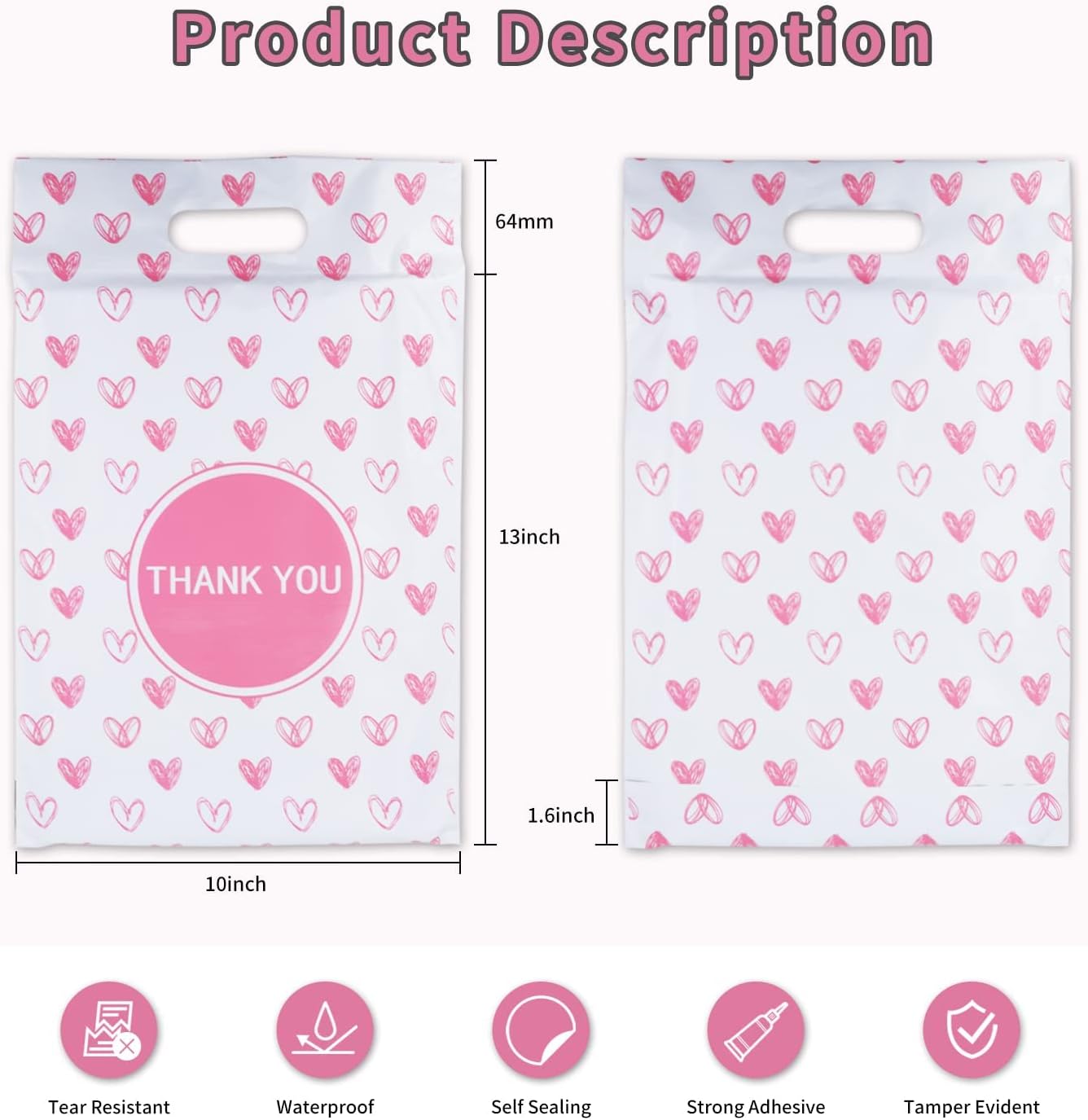 Details of Pink Heart Poly Mailers with Handle