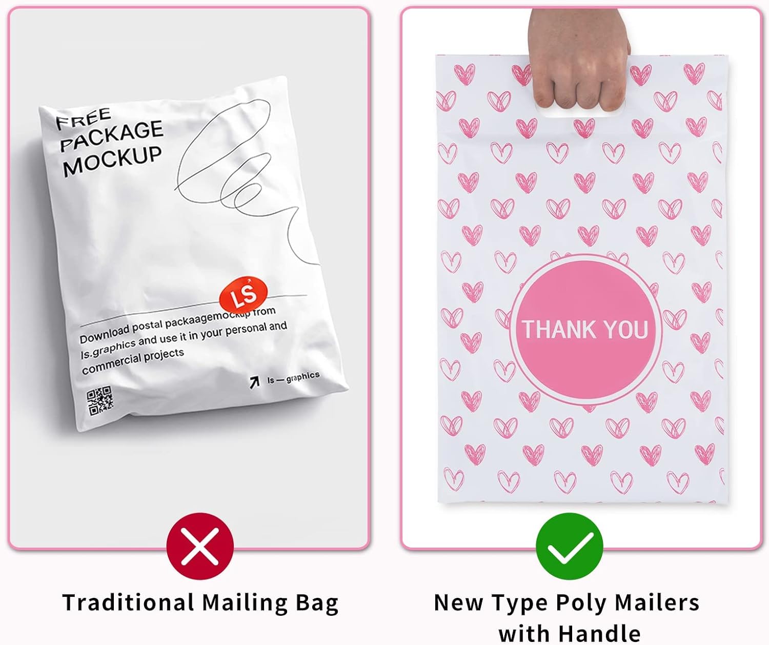 Details of Pink Heart Poly Mailers with Handle
